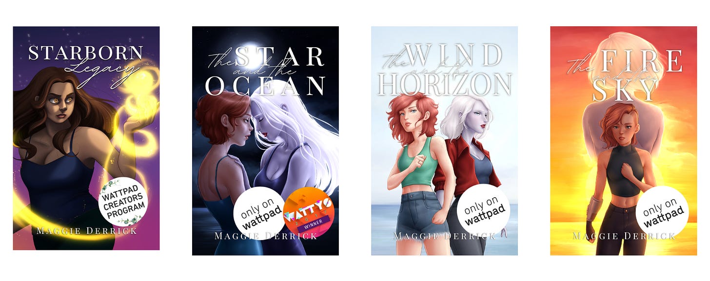 Image consists of four different book covers for the four existing Satrborn universe novels: Starborn Legacy, The Star and the Ocean, The Wind and the Horizon, and The Fire and the Sky