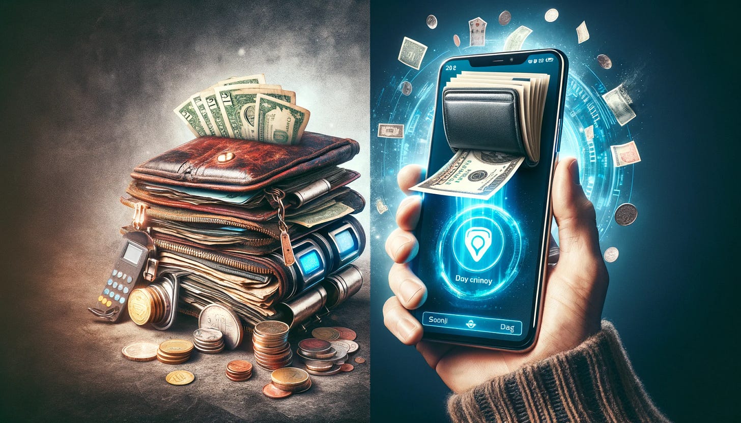 Create a split-screen image that contrasts two types of wallets. On the left side, depict a bulky, old-fashioned leather wallet overstuffed with cash, coins, cards, and receipts, symbolizing the traditional way of carrying financial assets. On the right side, show a sleek, modern digital wallet app on a smartphone, with a futuristic twist: the app is visually printing out cash directly from the screen, symbolizing the convenience and innovation of digital finance. The digital wallet should appear clean, efficient, and high-tech, emitting a soft glow to highlight its advanced features. This imagery represents the evolution from physical to digital financial management, emphasizing the shift towards more streamlined, convenient, and innovative ways to access and manage money.