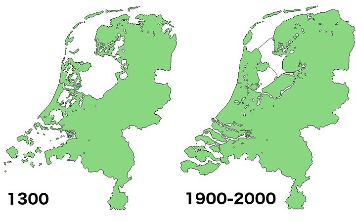 na imagem dois mapas da Holanda, o primeiro de 1300 e o segundo de 2000. No segundo, a área do país na costa aumentou consideravelmente