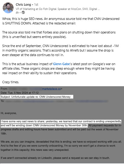 Chris Long's Linkedin post showing an anonymous email saying CNN Underscored are shutting down