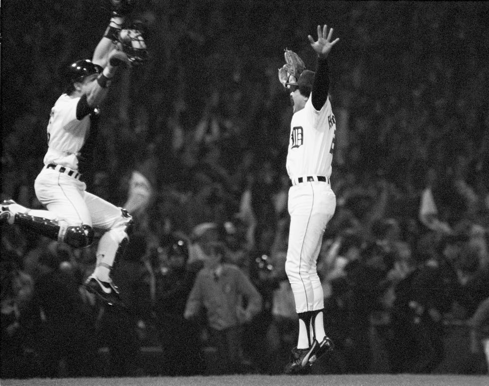 Catcher Lance Parrish (left) and reliever Willie Hernandez leap for joy after Hernandez recorded the final out in Game 5 of the 1984 World Series. Hernandez's splendid season was one of the many reasons the Tigers got off to a 35-5 record and won 104 games. He recorded 32 saves, had a 1.92 ERA and was rewarded by being named both the American League MVP and Cy Young Award winner.