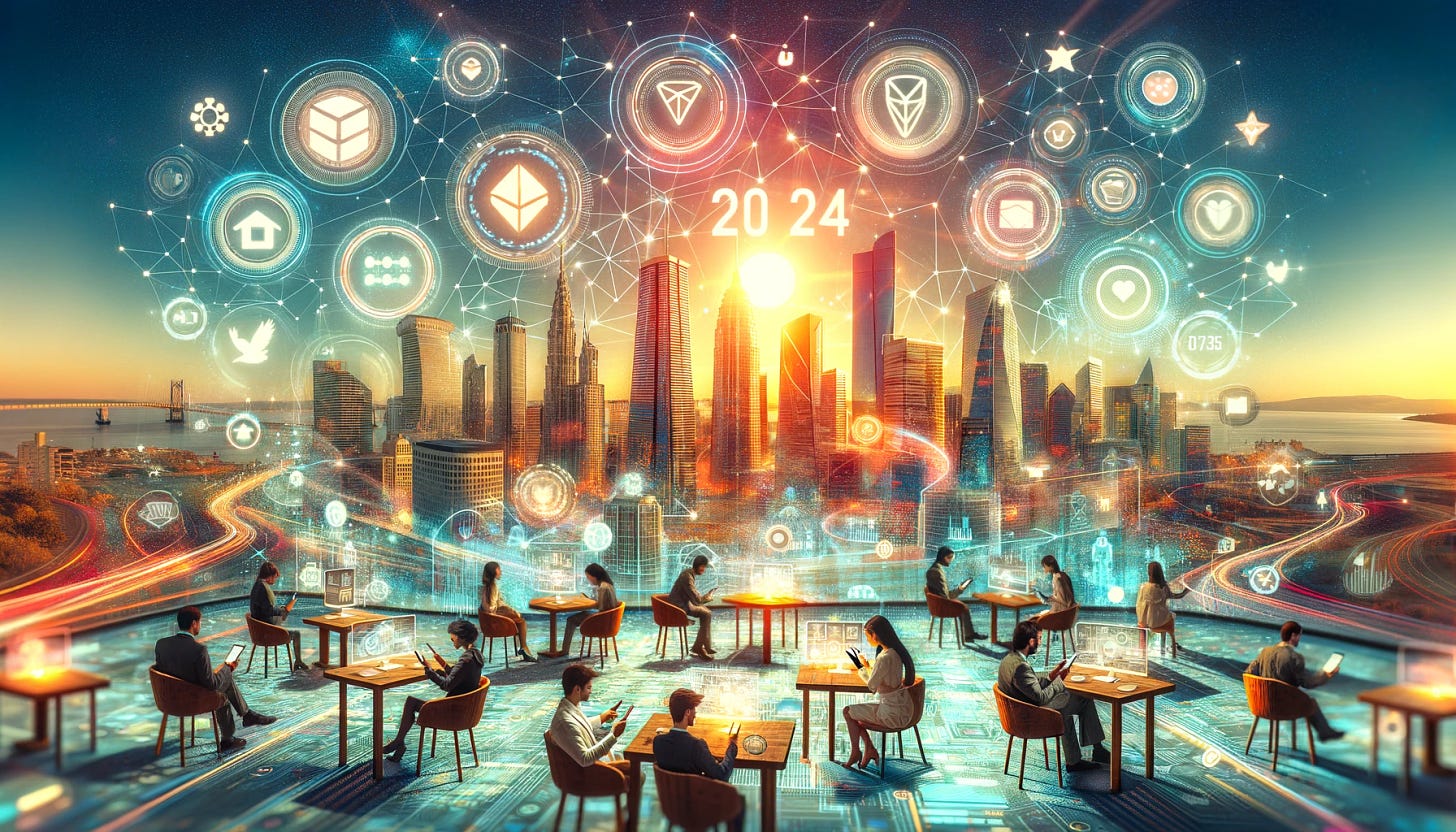 A modern photography style image depicting the year 2024 as the era of tokenization's triumph. The scene captures a vibrant cityscape, infused with digital elements representing the tokenization of various assets like artwork and real estate. People of various descents are seen using smartphones and digital devices, engaging in transactions and managing digital assets. The image conveys a sense of accessibility and flexibility in investments, akin to the revolution of streaming services in media. The atmosphere is futuristic yet grounded, highlighting a significant shift in asset management and financial interactions, symbolizing a more inclusive and dynamic financial future.