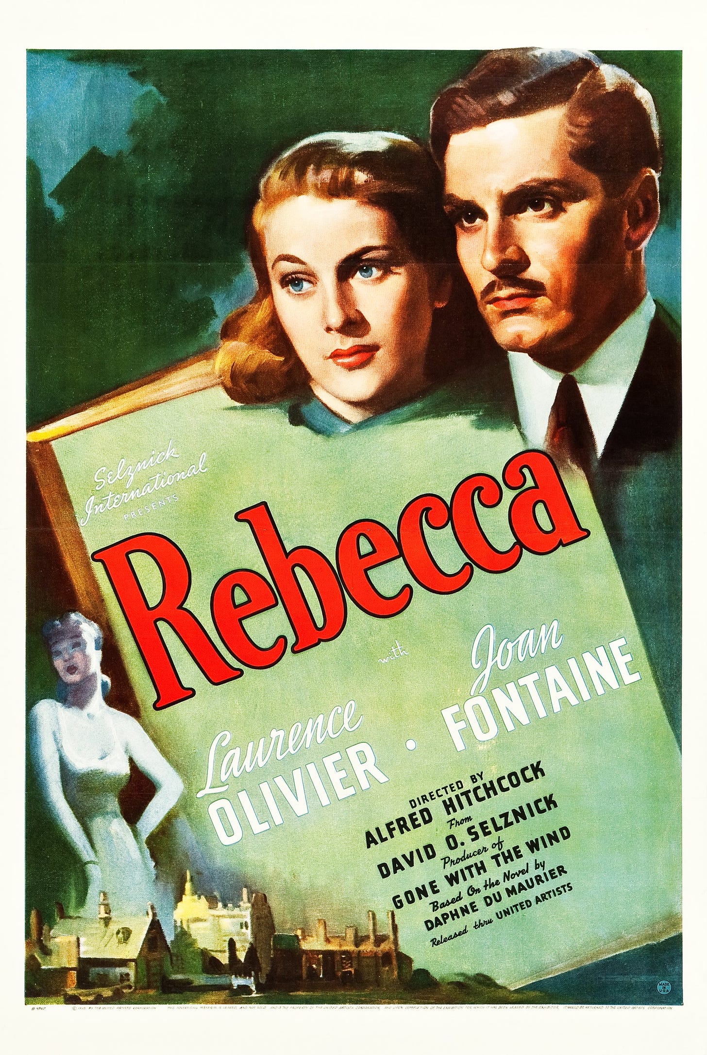Brightly coloured 30s style movie poster for the 1939 Laurence Olivier and Joan Fontaine film version, directed by Alfred Hitchcock, of Daphne du Maurier's novel, Rebecca.