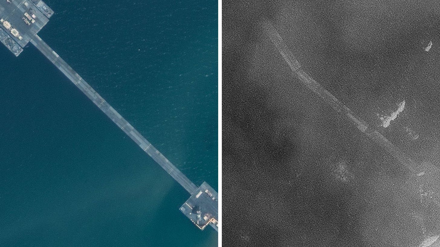 A Maxar Technologies satellite image, taken on Tuesday afternoon, right, shows a large section of the floating pier is missing. A May 18 satellite image, also from Maxar Technologies, left, shows how the pier is supposed to look.