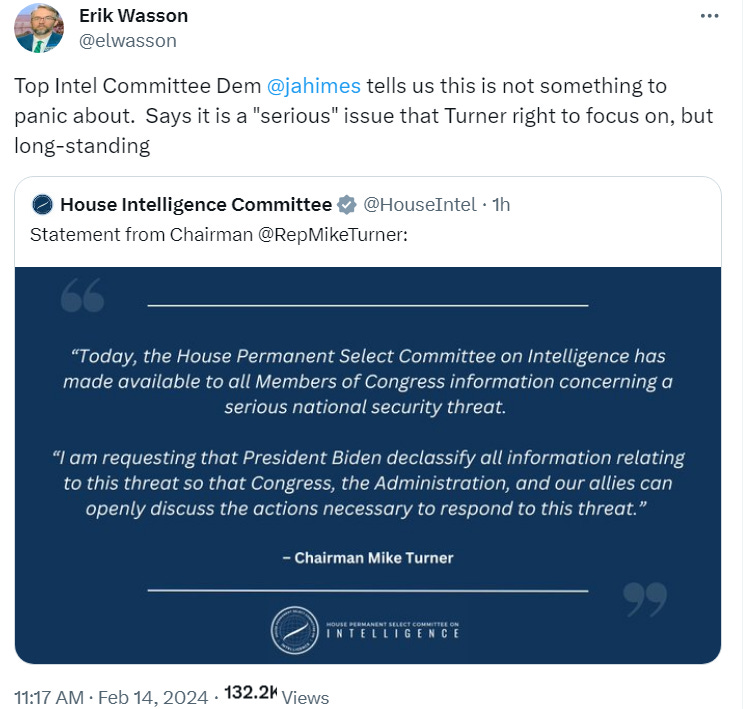 Top Intel Committee Dem  @jahimes  tells us this is not something to panic about.  Says it is a "serious" issue that Turner right to focus on, but long-standing