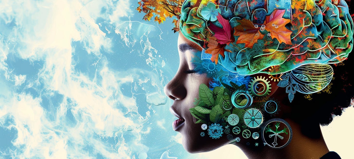 a mystical, meditative aura,, triple-exposed: one layer shows a luminous brain with flowing ideas, another shows an anatomical body with clock gears and tropical flowers, and the third shows ethereal spiral energy. The Black woman is speaking soft morning light, muted blues and golds, sacred geometry overlays, volumetric fog, octane render, intricate details