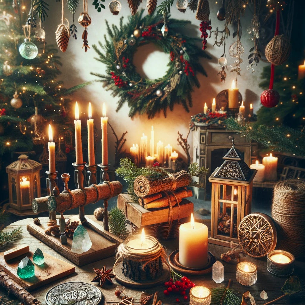 A festive holiday scene with witchy decor: a Christmas tree, glowing candles, pentacle symbols, and an altar filled with seasonal greenery and magical items.