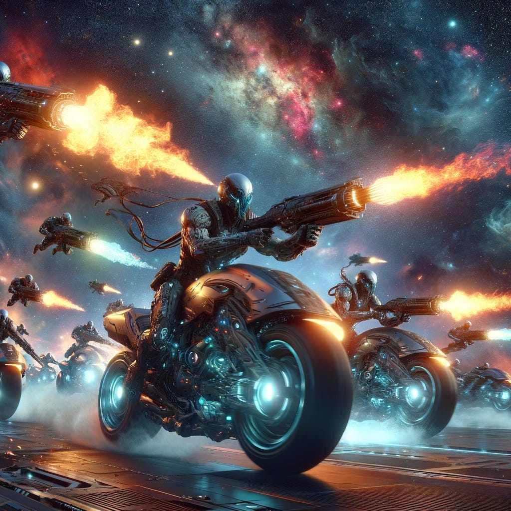A futuristic army charging in space, equipped with flame throwers and riding on sleek, advanced motorcycles. The soldiers are clad in high-tech armor, their flame throwers emitting intense flames against a backdrop of distant stars and nebulae. The motorcycles are designed for space, with features like anti-gravity engines and sleek, aerodynamic shapes. The scene is action-packed, conveying a sense of motion and intensity as the soldiers advance through the cosmos.