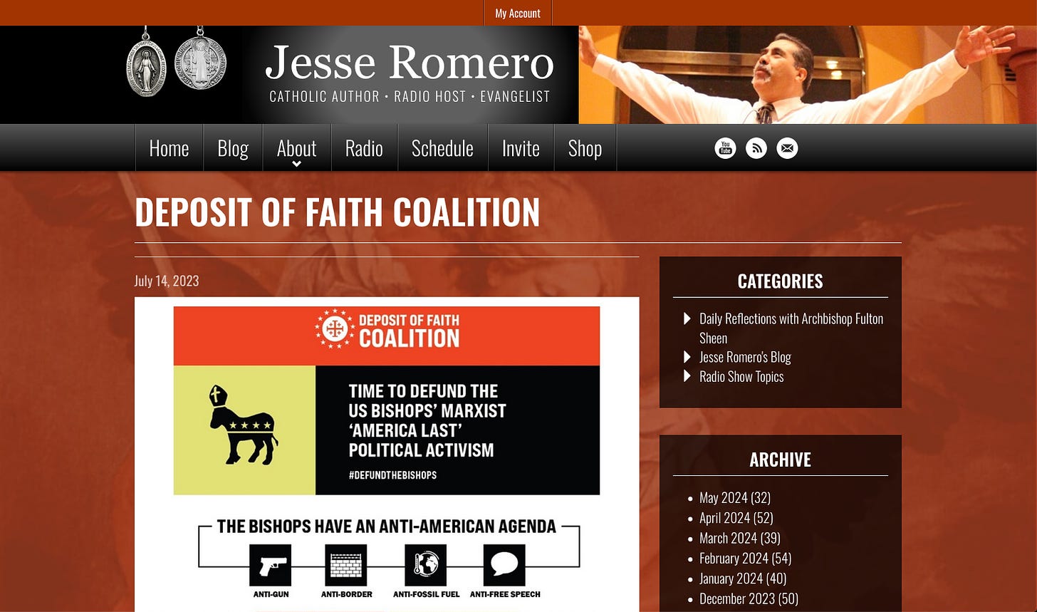 Homepage of Deposit of Faith Coalition accusing Bishops of an anti-American agenda.