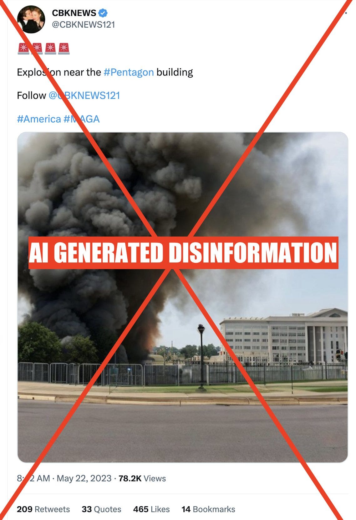 A synthetic image of the Pentagon appearing to be under attack spread across Twitter on Monday.
