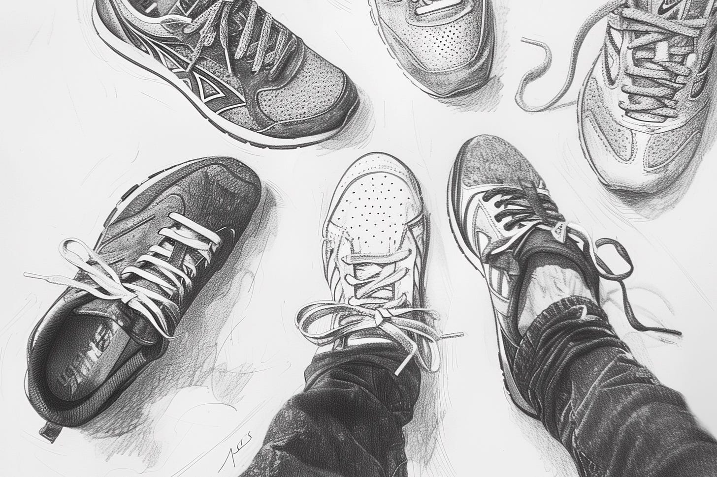 Pencil sketch image of a person’s point of view looking down at multiple running shoes.