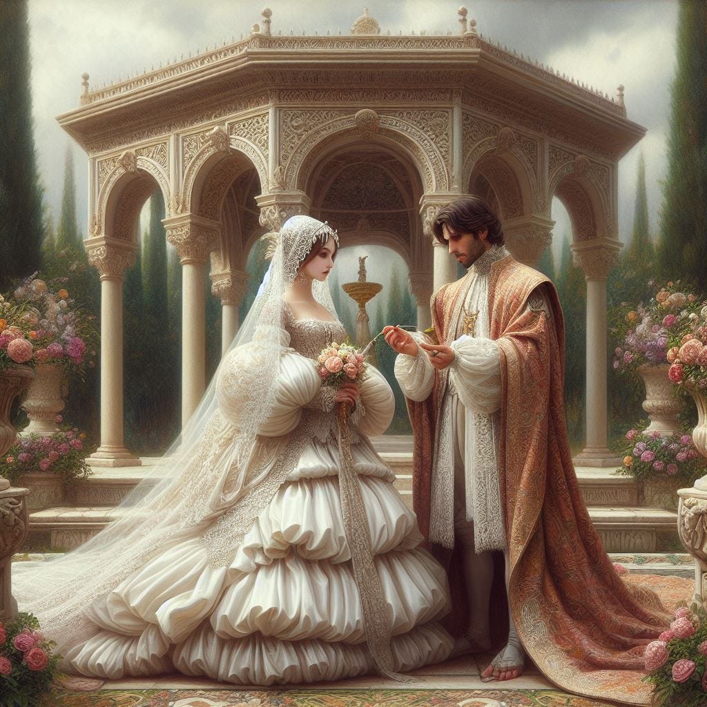 renassiance-era wedding, italian man marrying arabic daughter in puffy white dress, gazebo and flowers, fantasy art