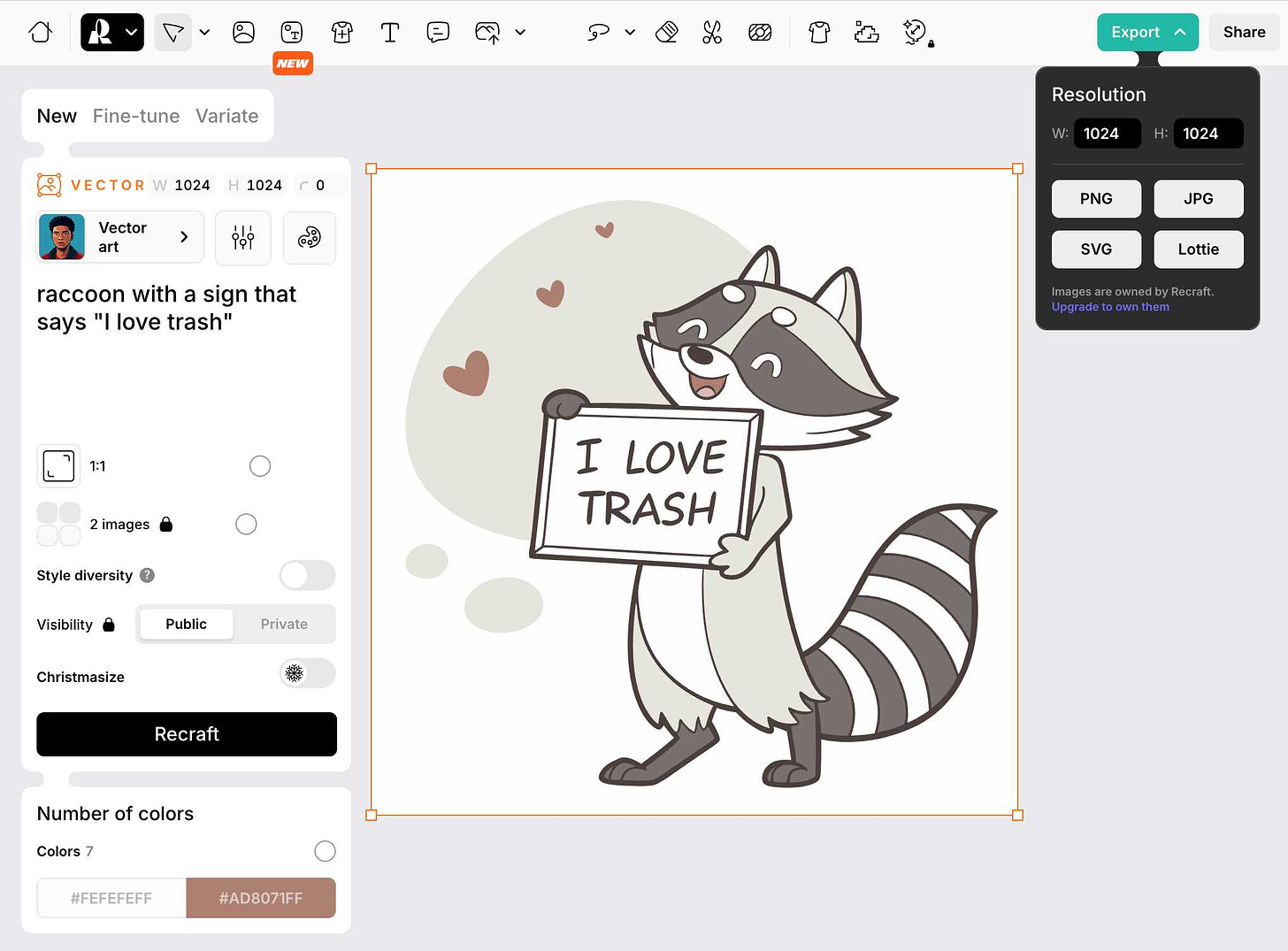 Cute vector cartoon raccoon holding a sign that says I love trash - in the recraft.ai UI which is set to vector and has export options for PNG, JPEG, SVG and Lottie