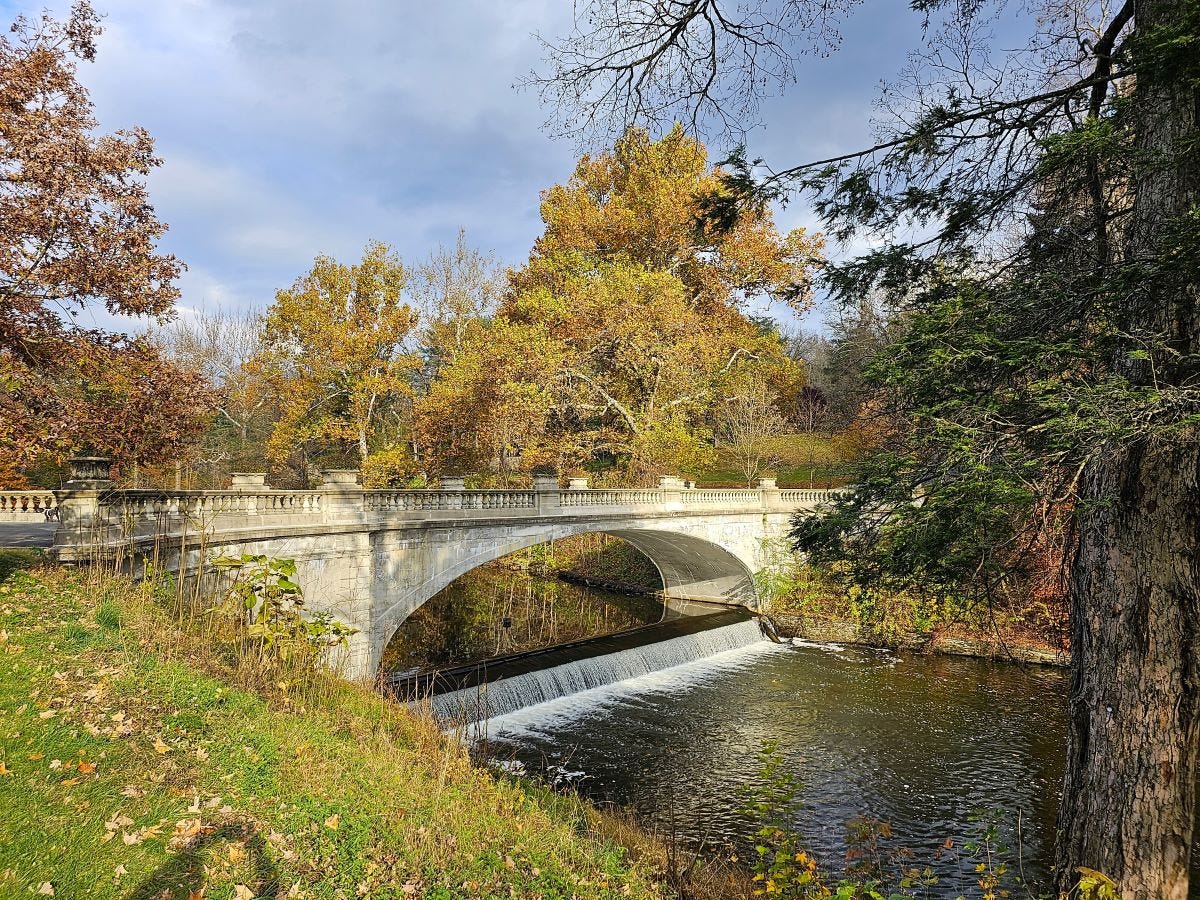 White bridge over a creek with yellow leaves of fall.