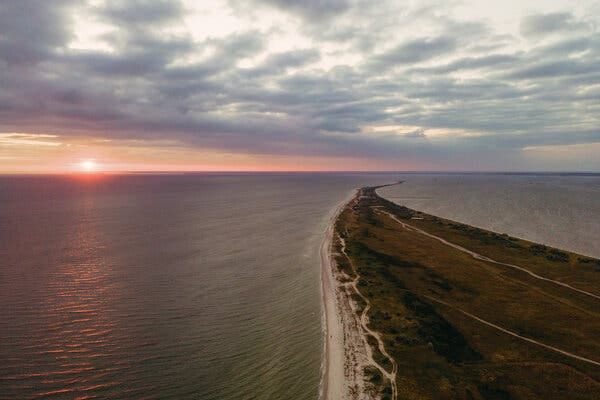 An aerial view of the Kinburn Spit, located on the east bank of the Dnipro River.