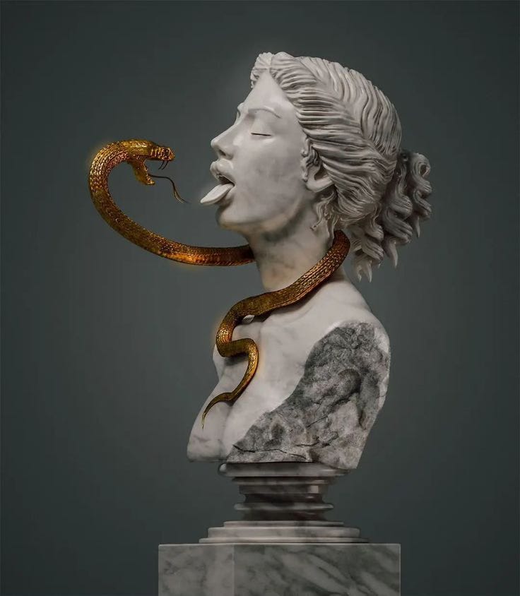 sculpture of a woman and a snake coming towards her open mouth