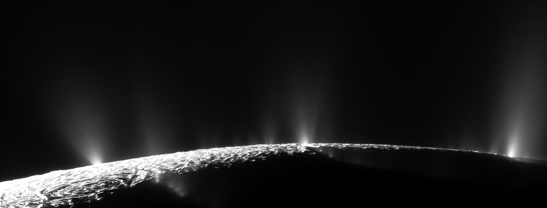 Saturn’s moon Enceladus sprays dramatic plumes of water vapor taken by the Cassini Spacecraft (NASA/JPL/Kevin M. Gill)