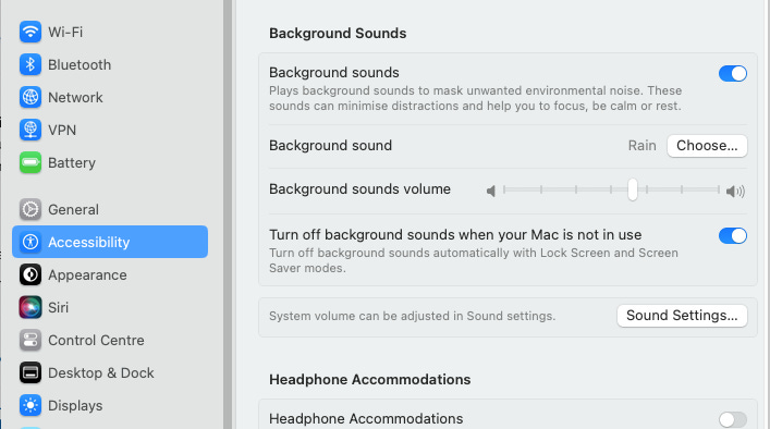 MacOS background sound accessibility configuration