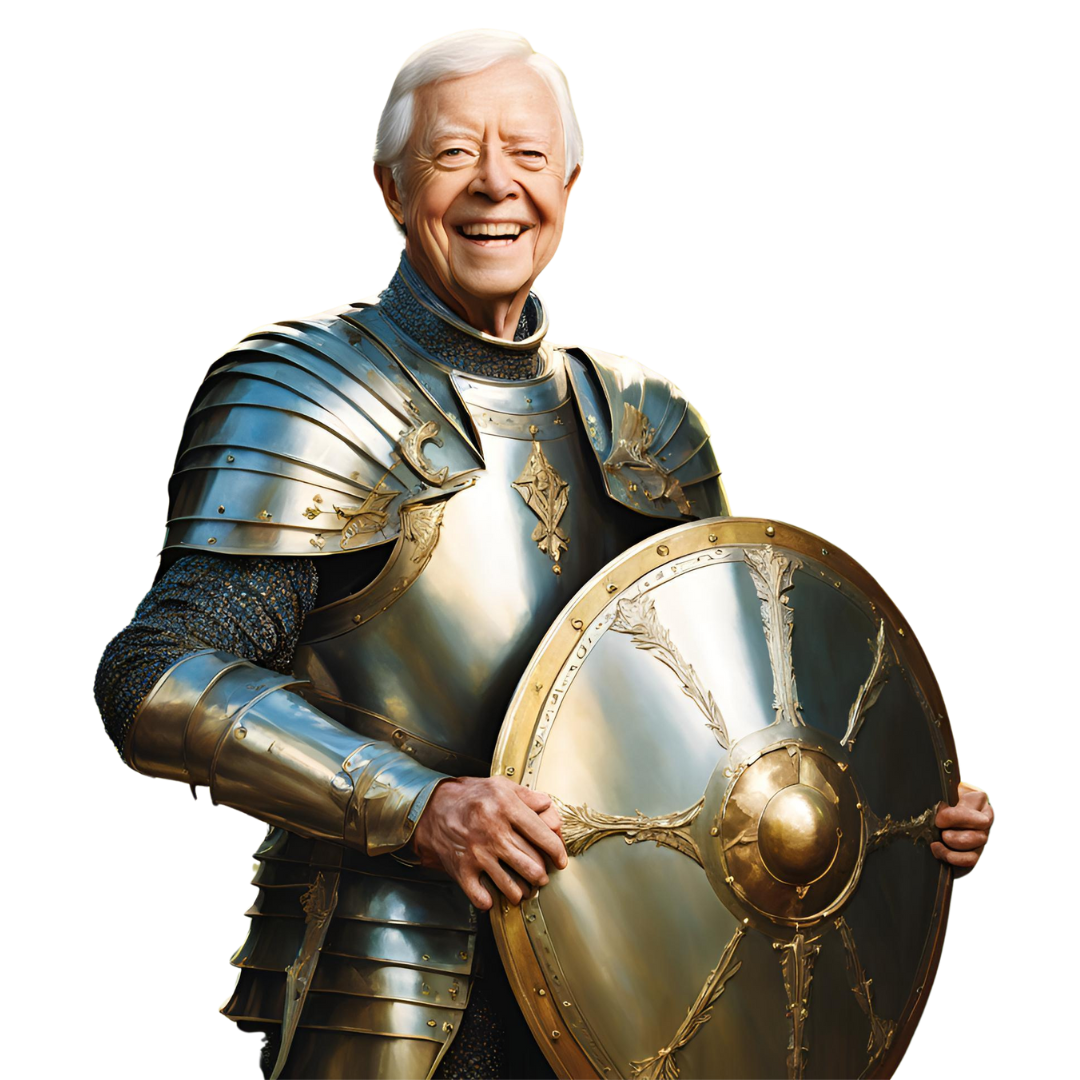 An elderly Jimmy Carter, smiling broadly and facing forward and slightly to the right. He is dress in full armor (but no helmet) and is holding a round shield.