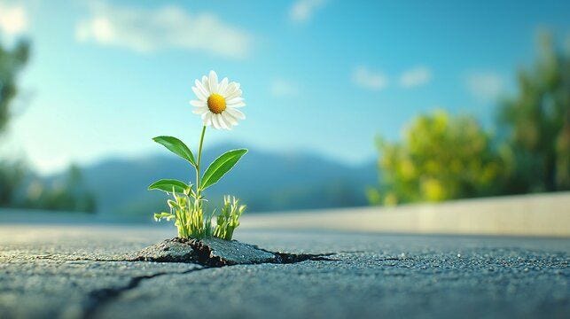 A flower growing through a crack in the pavement under a blue sky.