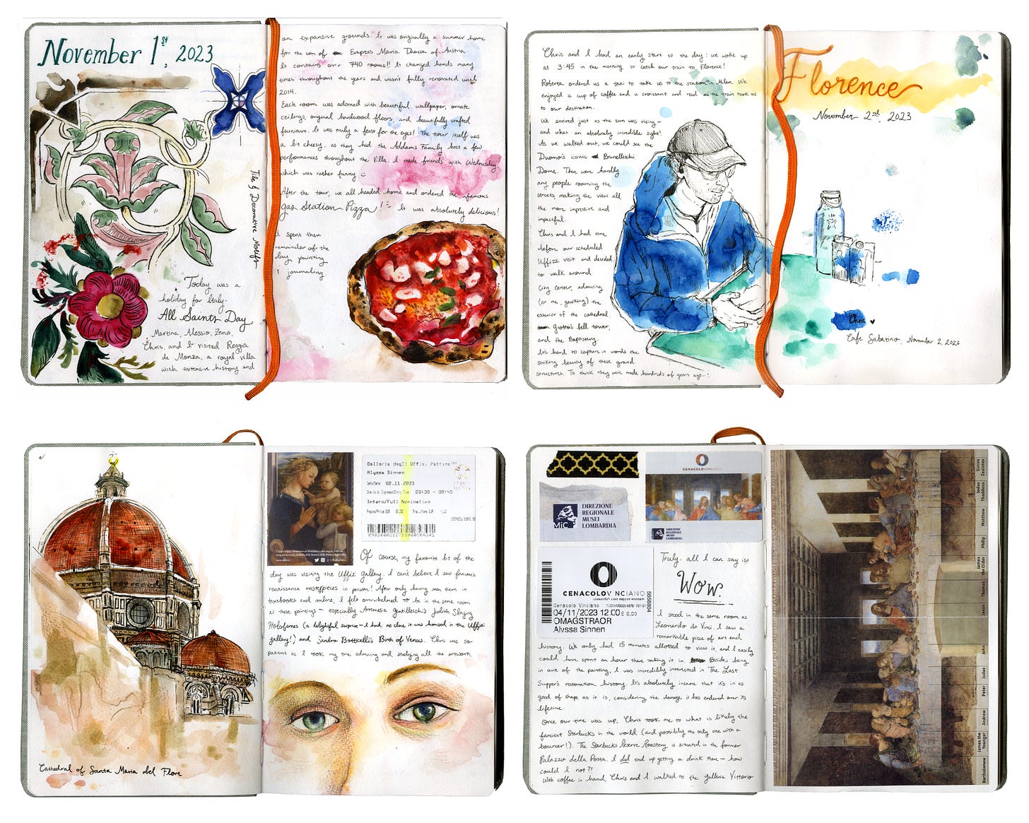 A photo collage of the artists's sketchbook, featuring several spreads of her time in Italy. Each spread includes a mixed media drawing, ticket stubs, paper collage, and writing.