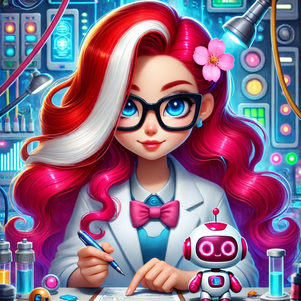 Cartoon Sarah working in a lab on the issue of ikigai risk of AI, she has a pink robot on her desk she is studying