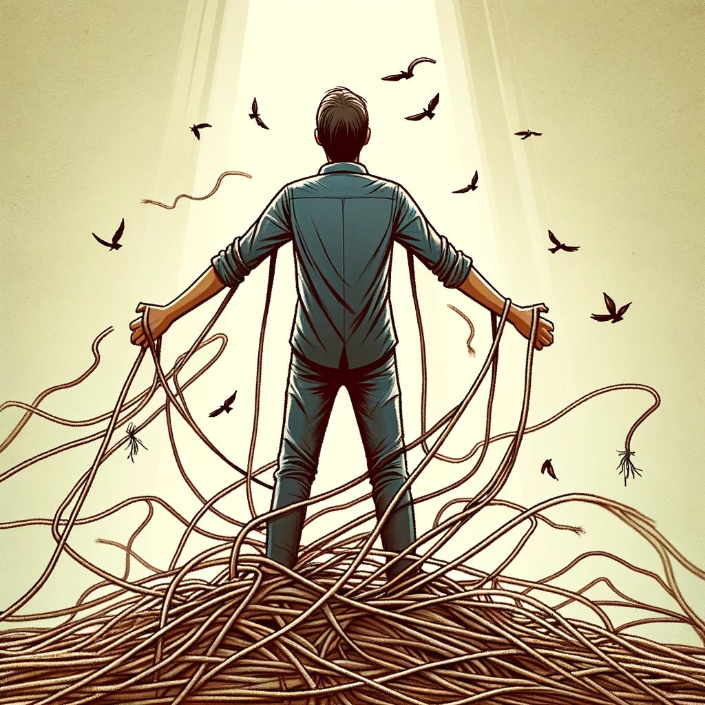 A person standing freely with a sense of relief and empowerment, surrounded by severed strings on the ground. The person is portrayed as confident and liberated, having just freed themselves from all the strings that were binding them. They are standing tall, with a posture that signifies newfound freedom and determination. The background is simple and uncluttered, emphasizing the focus on the individual's triumphant moment.