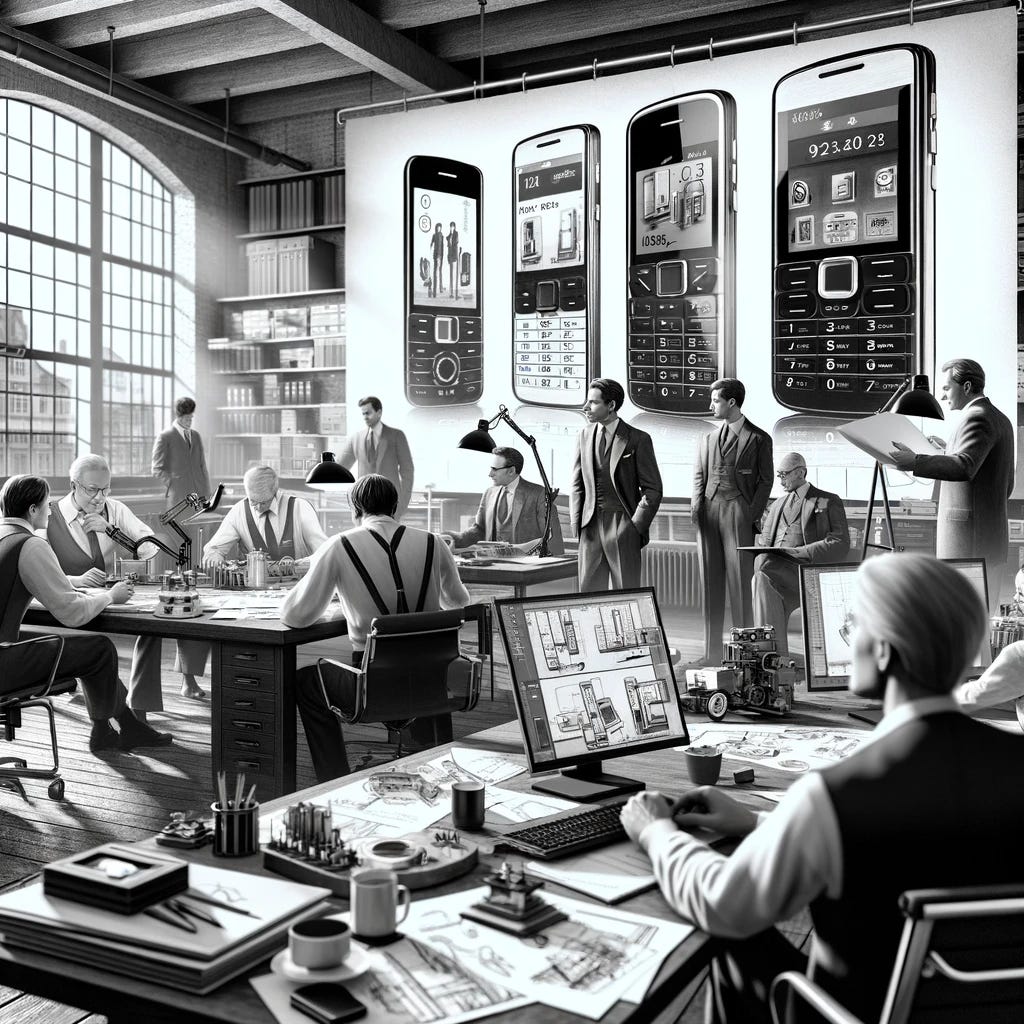 A classic, timeless black and white image depicting the dynamic and innovative spirit of Maxcom, a company specializing in designing and distributing consumer electronics, particularly mobile phones for seniors. The scene is set in a modern design office in Poland, where creative minds are at work conceptualizing new mobile phone models under the Maxcom, Maxton, FitGO, and ACC+ brands. The focus is on a diverse team of designers and engineers collaborating over sketches and prototypes of classic, smartphones, and rugged phones, with a backdrop of computer screens displaying CAD designs and mobile phone specs. The atmosphere is one of focused creativity and technological innovation, bridging traditional values with modern technology, reflecting Maxcom's position as a leader in its niche market. This image encapsulates the essence of Maxcom's commitment to quality and user-friendly products tailored for seniors, highlighting the company's role in connecting generations through technology.