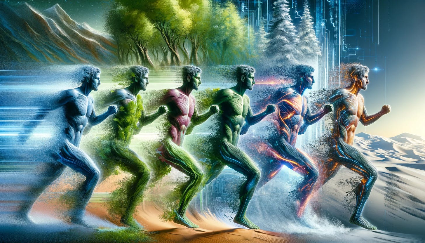 An energetic and dynamic image showing multiple instances of the same man in various stages of transformation, each blending into different environments. Starting on the left, the first instance shows the man emerging from a lush, green forest, his body melding with the trees and foliage. Moving right, another instance of the man appears, now adapting to a snowy landscape, with his form taking on the characteristics of the cold, snowy environment. Further right, yet another instance of the man is seen, this time morphing into the arid, sandy texture of a desert, his body reflecting the hues and textures of the sand dunes. On the extreme right, the final instance of the man integrates into a futuristic, digital cityscape, his body exhibiting a cybernetic, digital appearance, illuminated by neon lights and digital patterns.