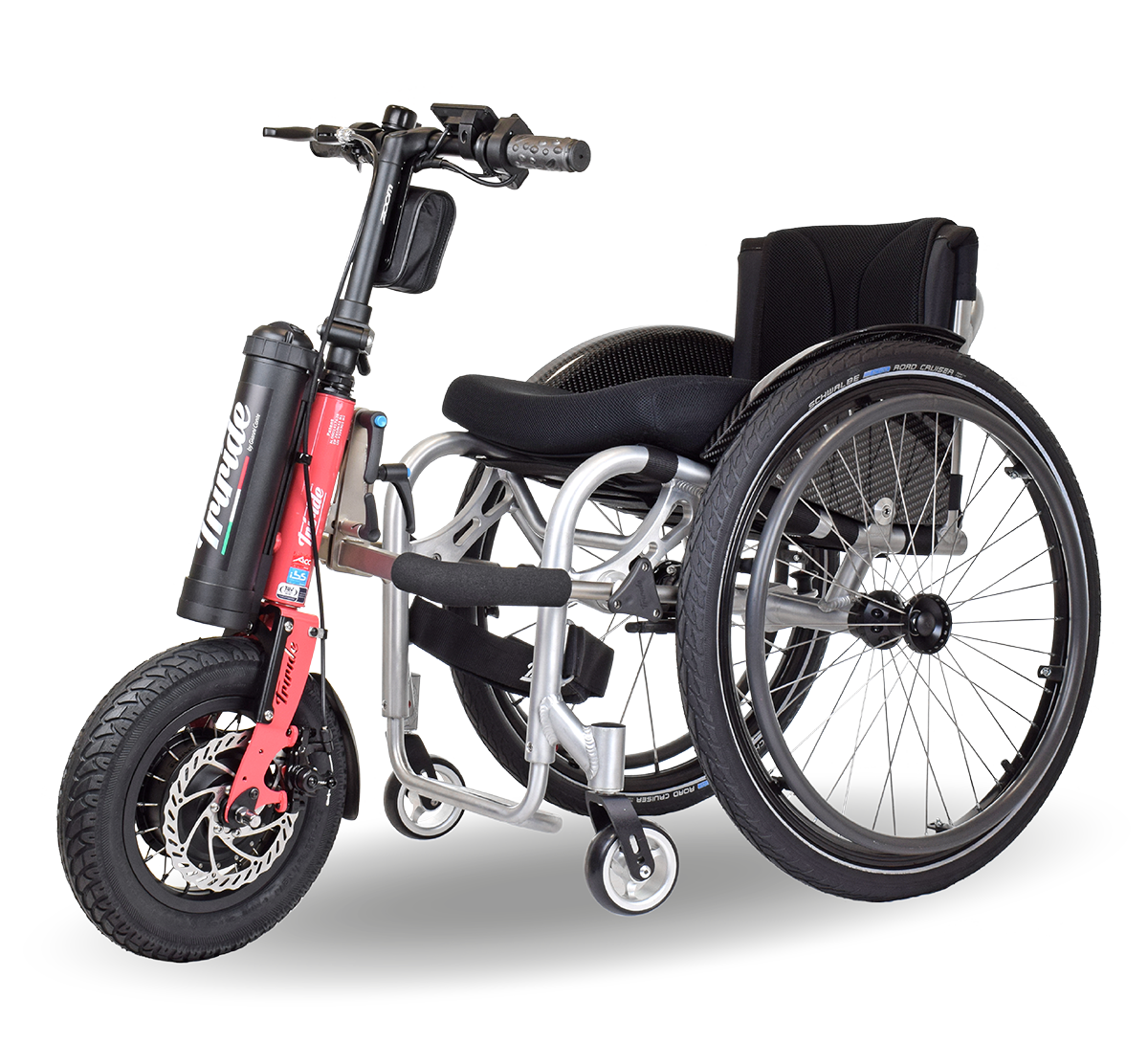 Red wheelchair Attachment on a modern silver wheelchair
