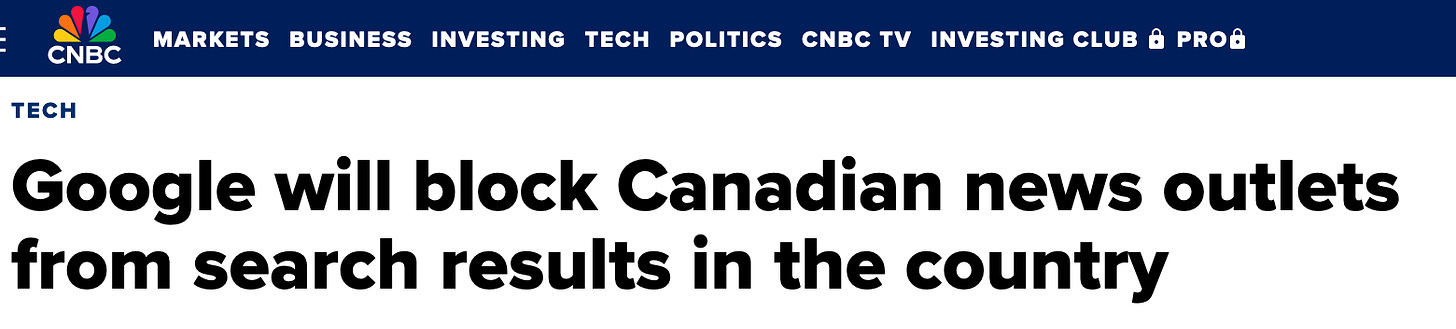 Headline announcing Google will block all Canadian news outlets in Canada