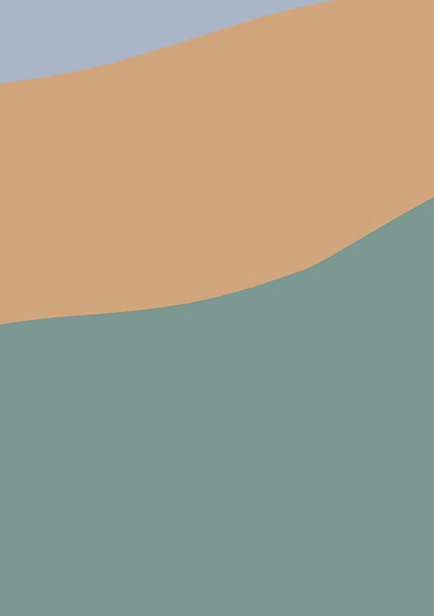 Composição abstrata, uma página dividida em três faixas coloridas: uma azul acinzentada no canto superior esquerdo, estreita; uma bege imediatamente abaixo, um pouco mais larga; uma verde escuro mais abaixo, ainda mais larga. As faixas sobem ligeiramente da esquerda para a direita