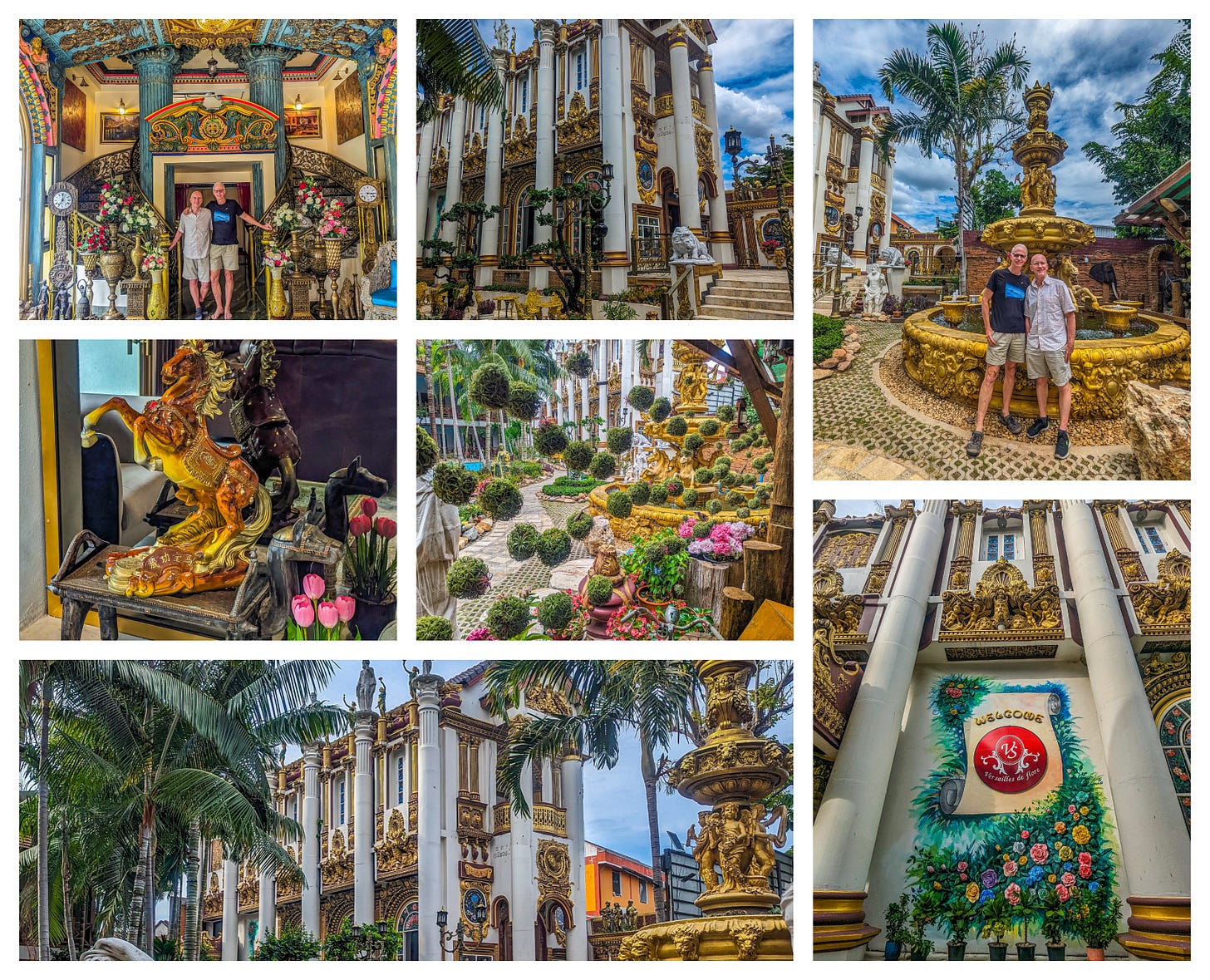 Collage of exterior and interior of Versailles de Flore, including Brent and Michael in the ballroom, in front of a fountain, plus a statue of a golden horse, elaborate landscaping, and more. 