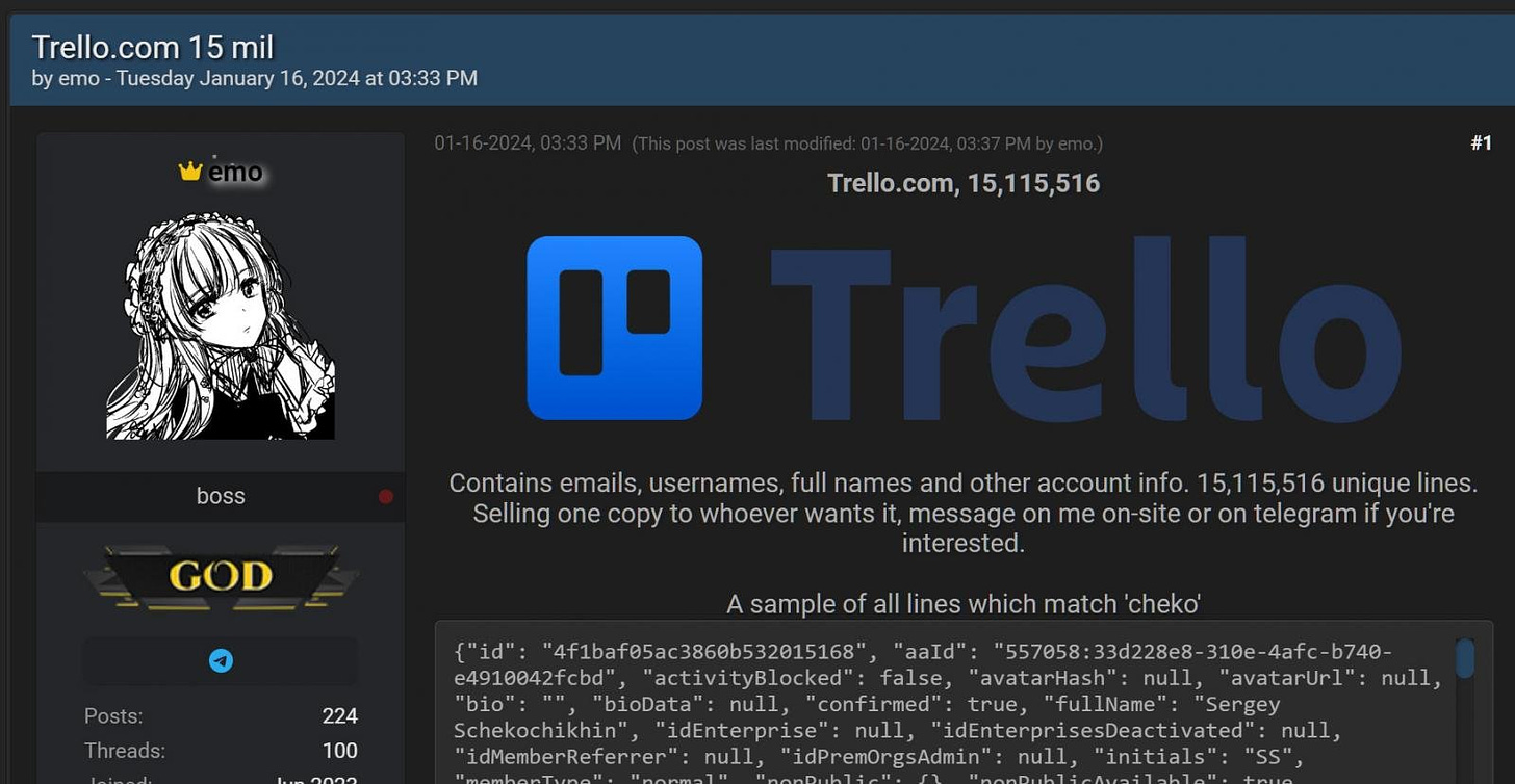 Trello post on the hacking forum