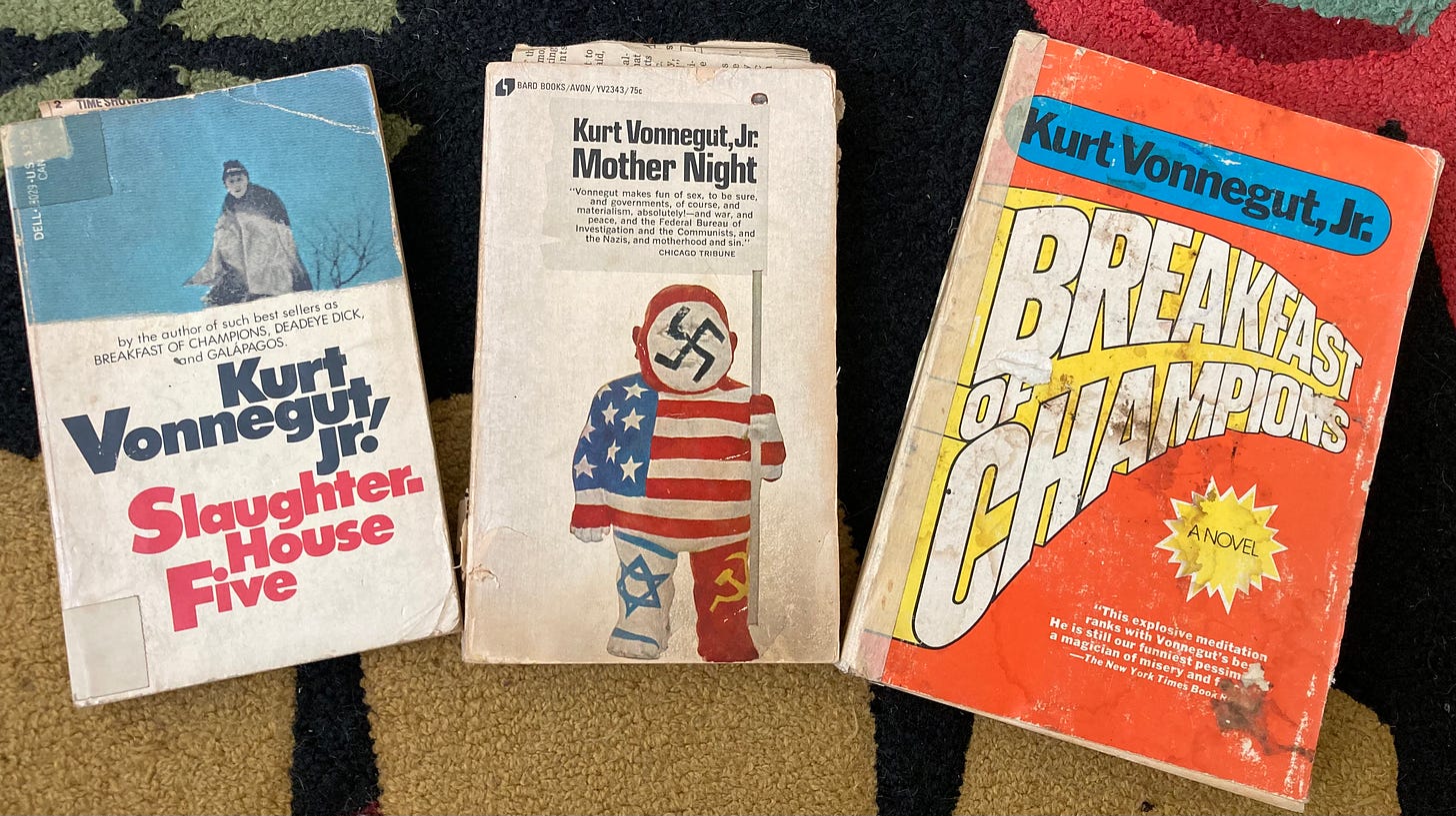 Paperback book covers: Kurt Vonnegut Jr's, Slaughter-house Five, Mother Night, Breakfast of Champions