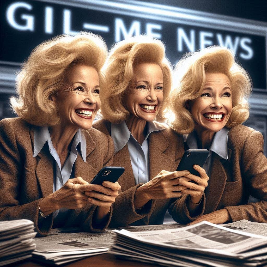 photographic image of 3 blonde female journalists, 50 years old, with a lot of hairspray in their hair, smiling forcedly with teeth showing, looking at their cell phones on a newspaper stand with a huge screen behind with the characters GIL-MeNews in red