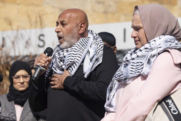 Nizar Doar, the father of stabbing victim Zacharia Doar, speaks during a press conference outside City Hall, Tuesday, Feb. 6, 2024, in Austin, Texas. The stabbing of Zacharia Doar, a Palestinian-American, who advocates say was attacked near the University of Texas campus while riding in a car displaying support for Palestine merits the label of a hate crime, police announced Wednesday. (Mikala Compton /Austin American-Statesman via AP)