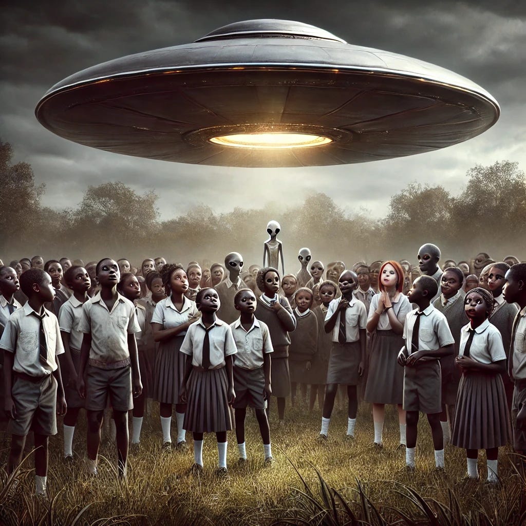 A hauntingly realistic depiction of the Ariel School UFO incident in Zimbabwe, 1994. A group of schoolchildren, all wearing matching school uniforms, stand in a grassy field, staring in shock and awe at small extraterrestrial beings near a landed silver disc-shaped craft. The children display a range of emotions—some are terrified, others mesmerized, a few curious—but they are distinctly human. The aliens are clearly non-human, with large black eyes that glow ominously, slender bodies, and dark featureless skin. The children’s eyes are fixed on the beings, some shielding their faces, others clutching their heads as if experiencing telepathic communication. The sky is overcast with an eerie glow, and the surrounding trees sway unnaturally as if responding to an unseen force. The scene captures awe, fear, and the overwhelming sense of something beyond human comprehension.