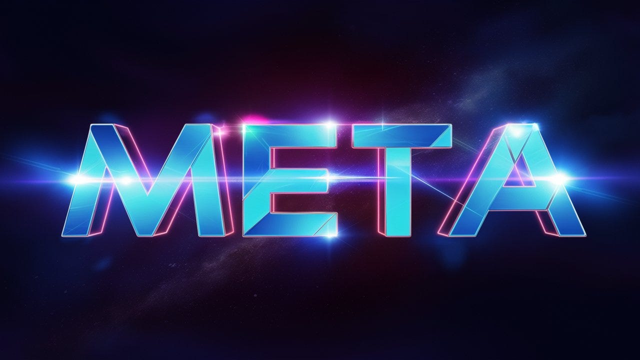 A vibrant, futuristic logo design with a neon color scheme. The "META" text is displayed prominently, with each letter having a distinct, angular shape. The letters are electric blue with shimmering neon streaks, creating a sense of motion and modernity. The background is a dark, cosmic void with stars and galaxies, giving a sense of exploration and boundless potential.