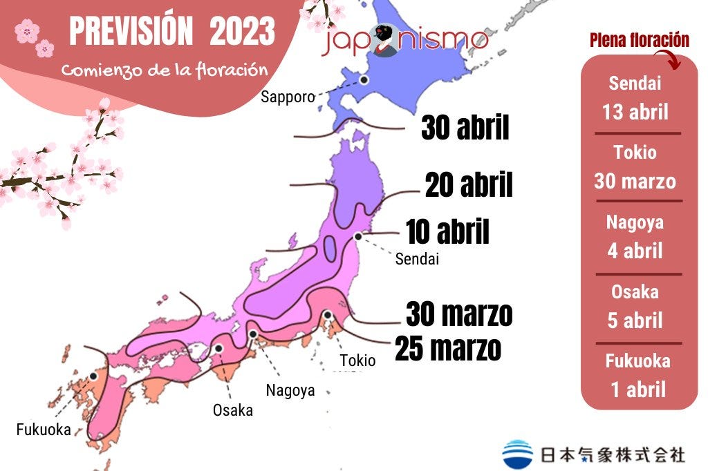 Primera previsión de floración de los cerezos en Japón en 2023