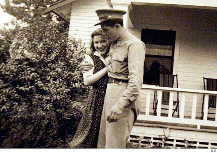 FILE - This undated photo provided by the presidential campaign of then-Sen. Barack Obama, D-Ill., shows Obama's maternal grandparents, Stanley and Madelyn Dunham, in Cambridge, Mass., during World War II. Dunham was a 26-year-old supply sergeant in the Army Air Force when the Allied invasion of Normandy at last began. (AP Photo/Obama Presidential Campaign, File) ** FOR EDITORIAL USE ONLY, NO SALES **