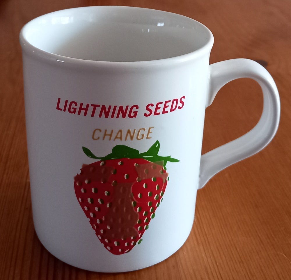 Promotional Lightning Seeds mug with the word “Change” and a large picture of a strawberry (as seen on the Jollification album cover).