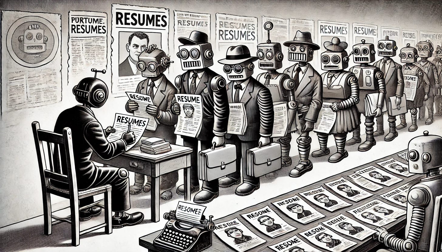 A black and white cartoon-style image with a vintage newspaper feel, depicting a line of robots waiting for a job. One robot is seated at a desk, processing resumes with a large stack of them next to it, looking stressed and overworked. The robots in line are patiently waiting, some holding briefcases or resumes, while the robot at the desk is visibly anxious, working through the pile. The scene has a lively, animated feel, blending the vintage setting with exaggerated, cartoonish robot characters. The overall atmosphere captures the sense of anticipation and stress in a humorous, retro style.