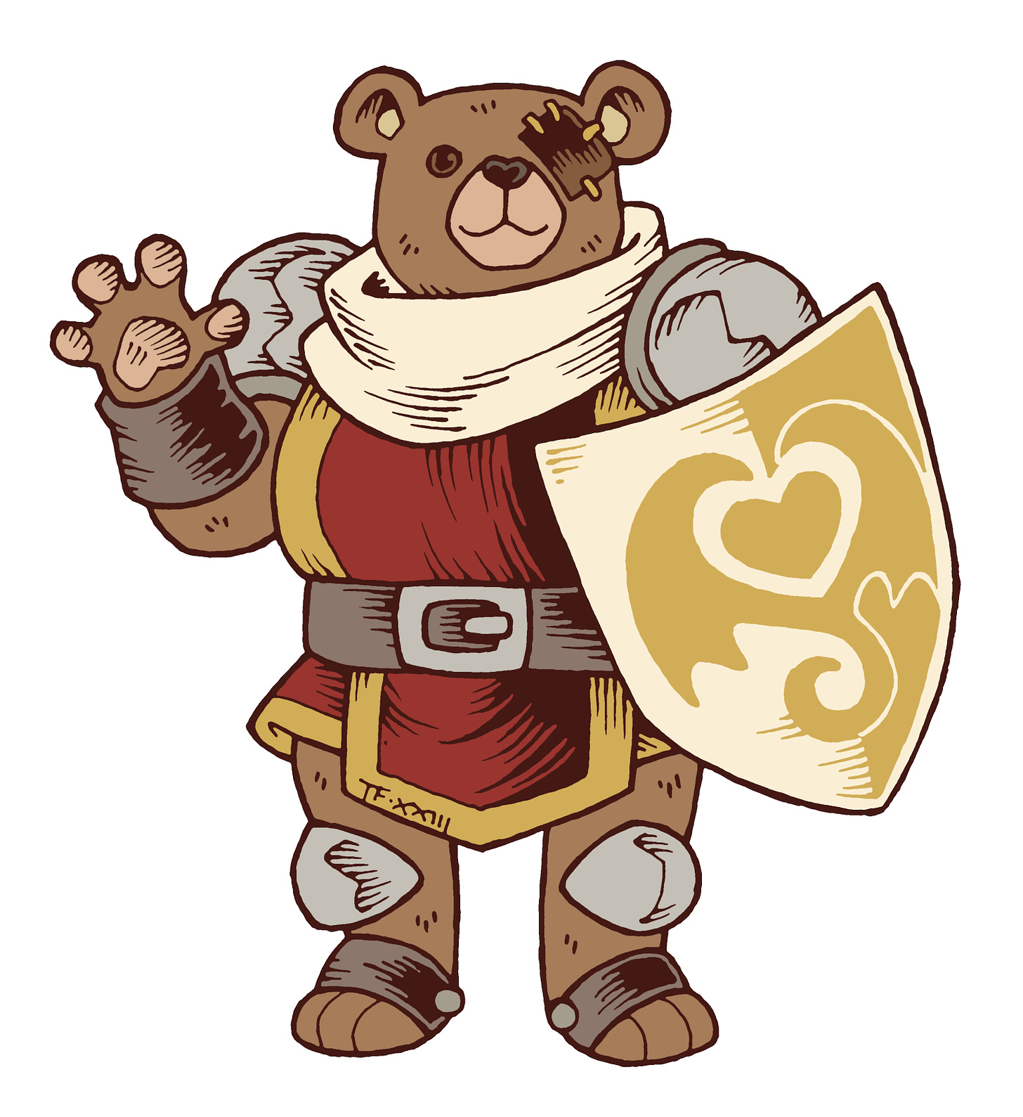 Traditionally hand drawn and digitally coloured illustration of a buff teddy bear wearing red and gold cleric robes, iron pauldrons and a golden shield, decorated with a heart symbol, encircled by dragon wings. He has an eyepath sewn over his left eye, and is smiling cheerfully.