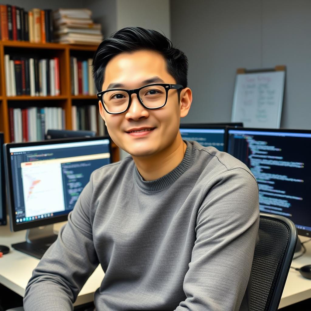 Asian man in a gray shirt smiling while sitting in front of computers with code on the screens, with a bookshelf in the background