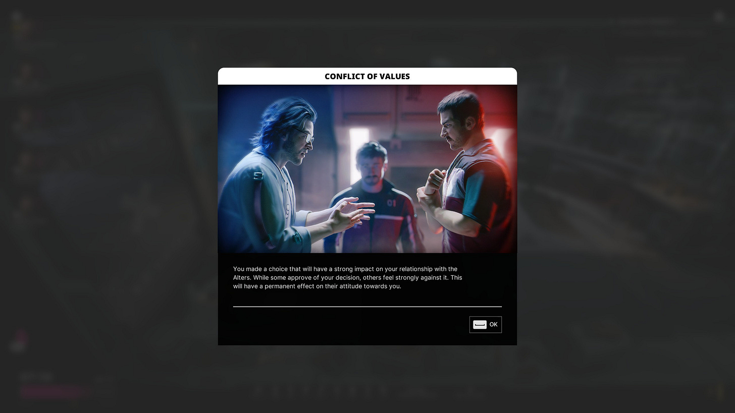 A screenshot of The Alters, showing a Conflict of Values screen, about choices and their potential to divide the alters who share the base with the player character.