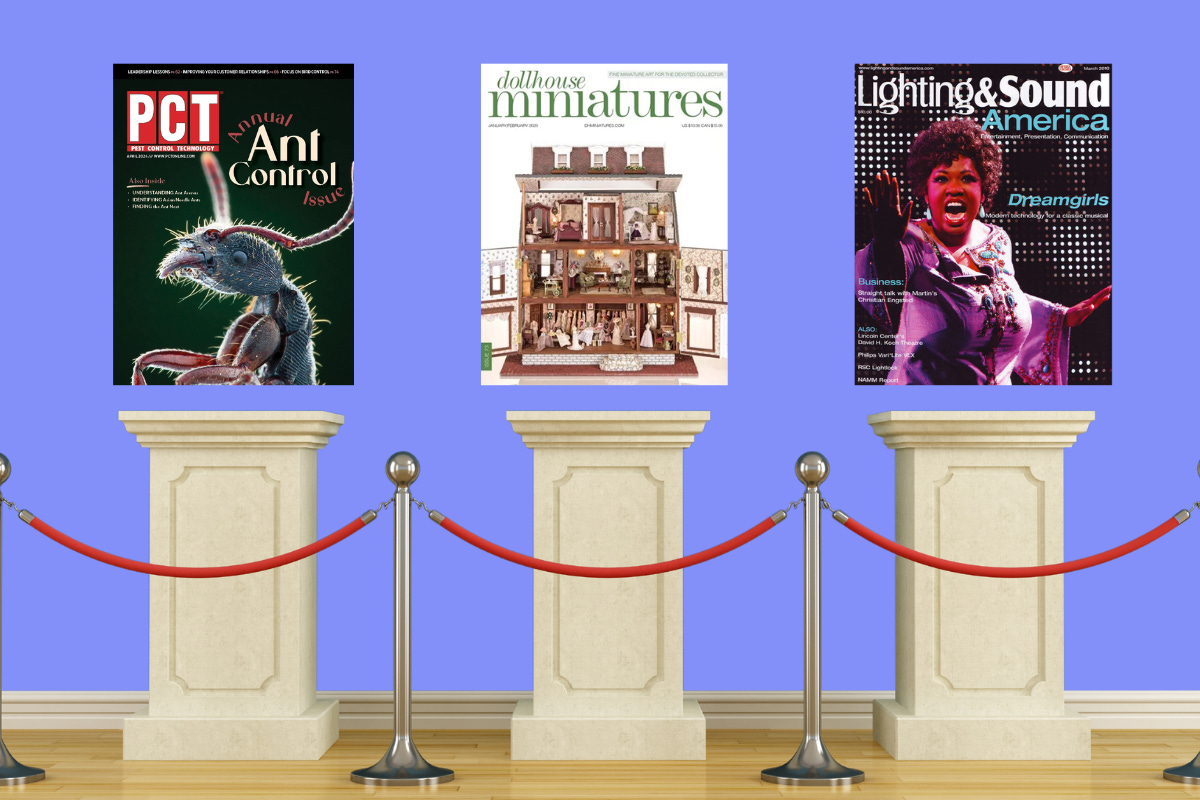 A museum-like display of three magazine covers on pedestals, roped off with red velvet barriers. The covers include themes of pest control (ant image), dollhouse miniatures, and lighting and sound for performances (featuring a singer). Graphic by Maria Robles Gonzalez. 