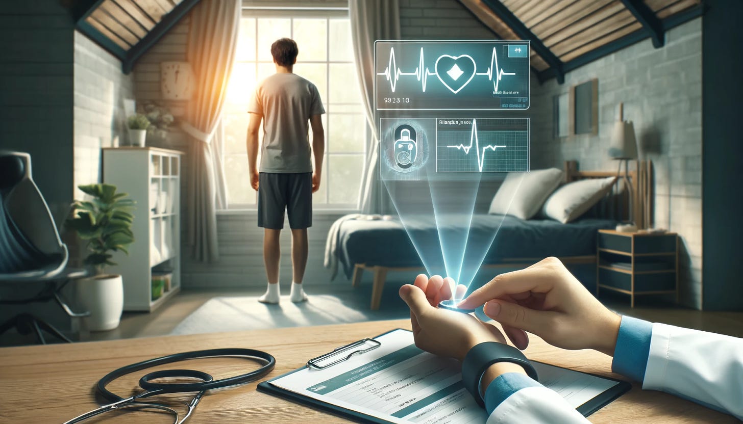 An image of a patient using a remote health monitoring device, with data being transmitted to a doctor. The setting shows the patient at home with wearable health tech, while a screen displays the data being monitored and analyzed by a doctor remotely.