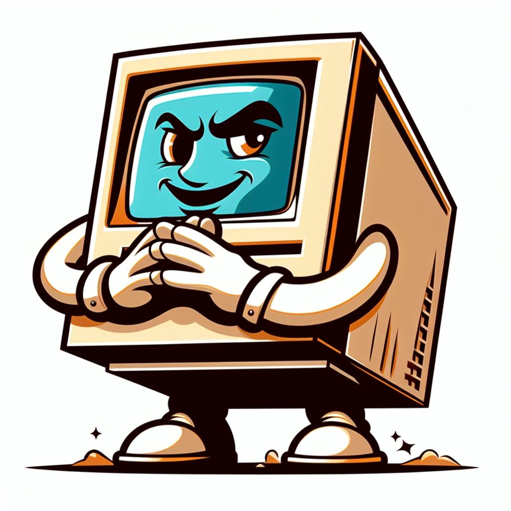 a devious old-school 1980s PC leaning forward and rubbing its hands together in a scheming way, in a cute nouveau computer cartoon style