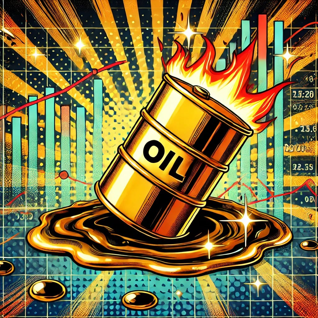 A vibrant pop-art style illustration depicting the concept of 'black gold' (oil) in a dramatic and symbolic way. The image features an oil barrel gleaming as if it were made of pure gold, slipping on a puddle of oil. The background showcases a financial chart with fluctuating lines, indicating market instability. Flames and sparkles surround the oil barrel to represent both its value and volatility. The composition is colorful, dynamic, and visually engaging, staying true to a pop-art aesthetic. The entire scene should be in a horizontal 1920x1080 format, with bold colors and clear details.